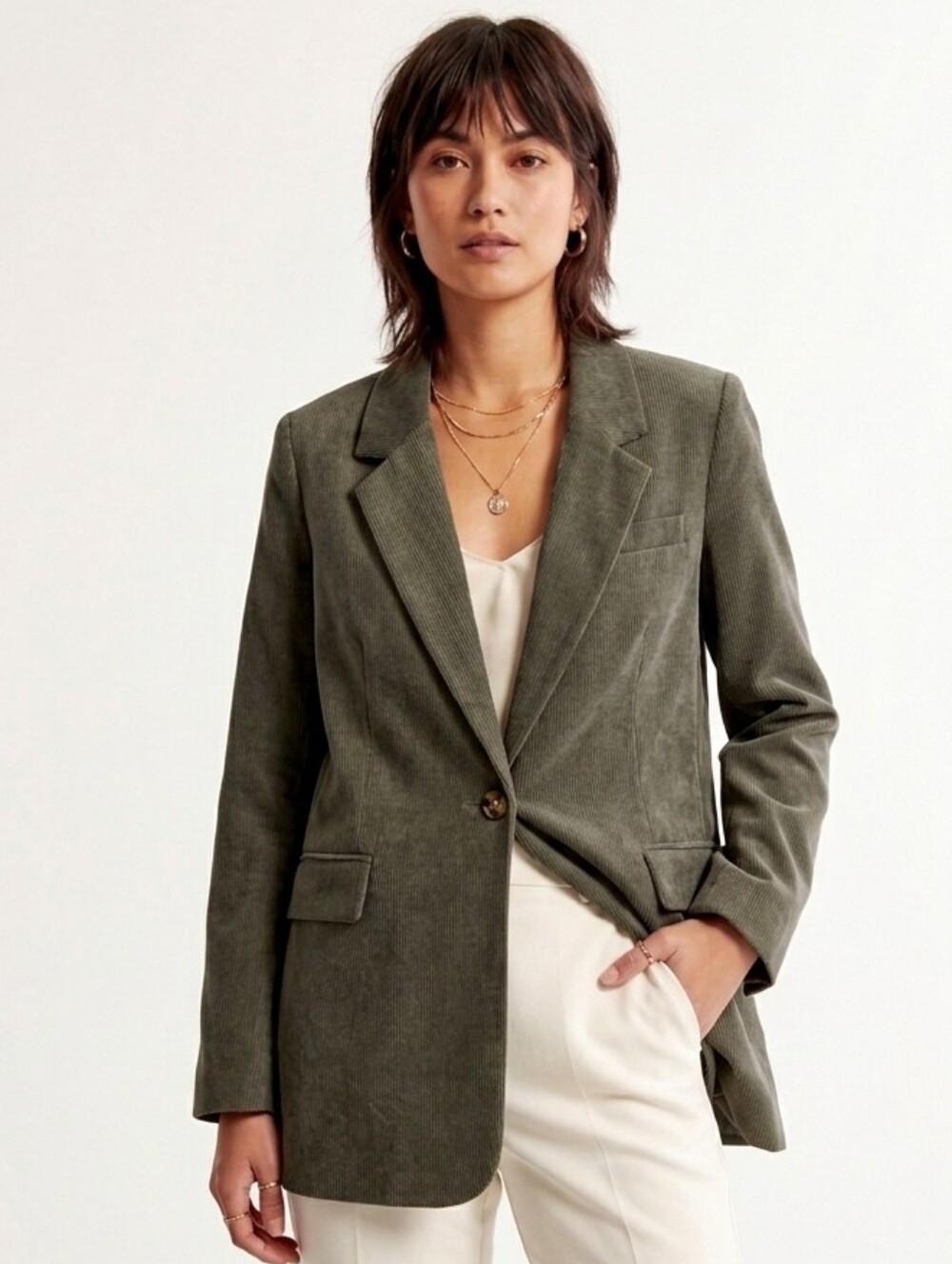 Olive Green Corduroy Single-Button Boyfriend Blazer Large